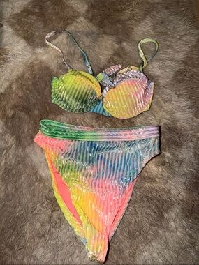 Dippin' Daisy's Neon Tie-Dye Ribbed Bikini — Pink, Yellow, Green, Blue